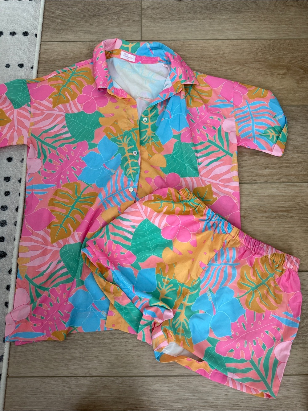 Pink Lily Tropical Button-Down Shirt in Pink, Blue & Green Set - with shorts